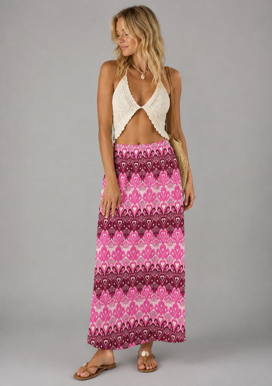 Handmade Pink Boho Maxi Skirt Women’s Small Elastic Waist Festival Beach